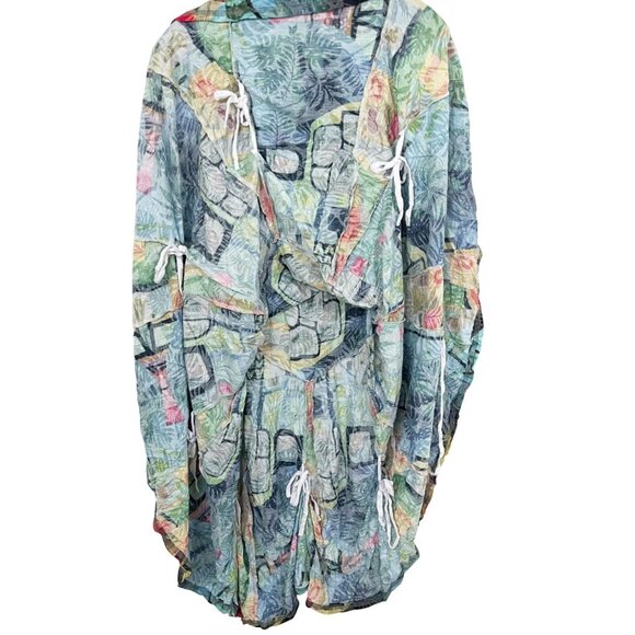 Shana Tie Up Poof Bubble Dress Multicolor Artsy Print Lagenlook Midi Size Medium - Picture 3 of 6